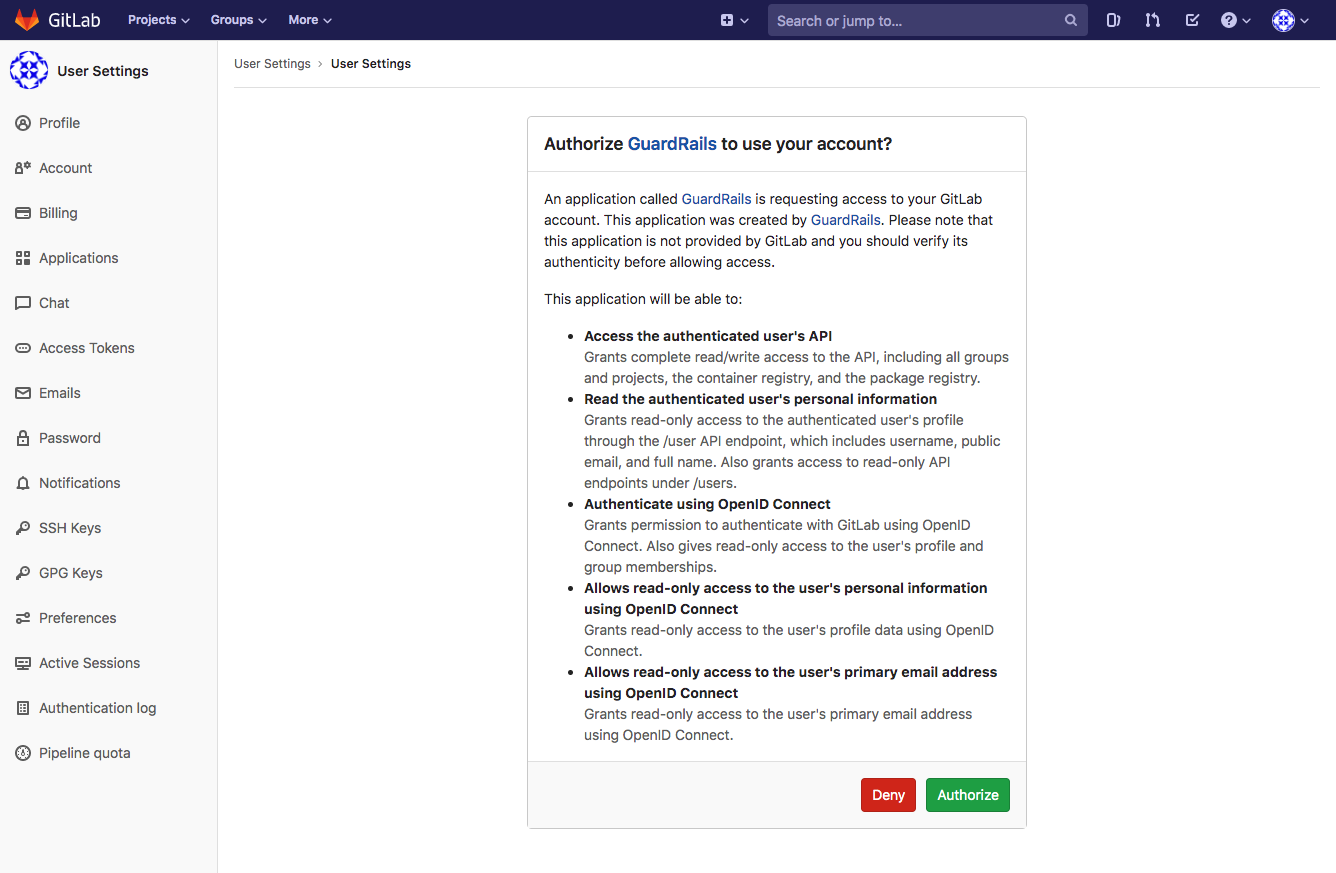 Authorize the GuardRails GitLab Application