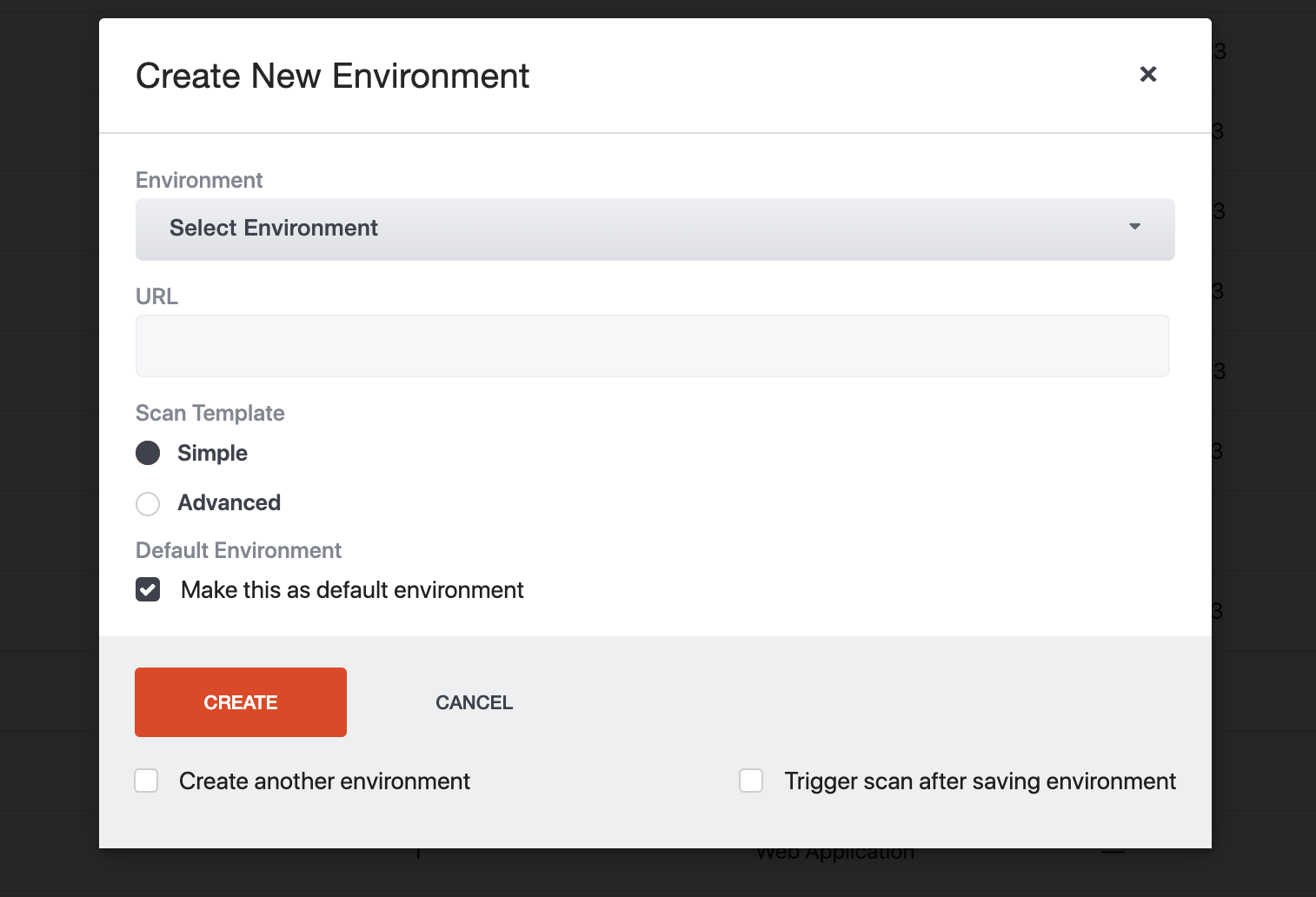 New Environment modal